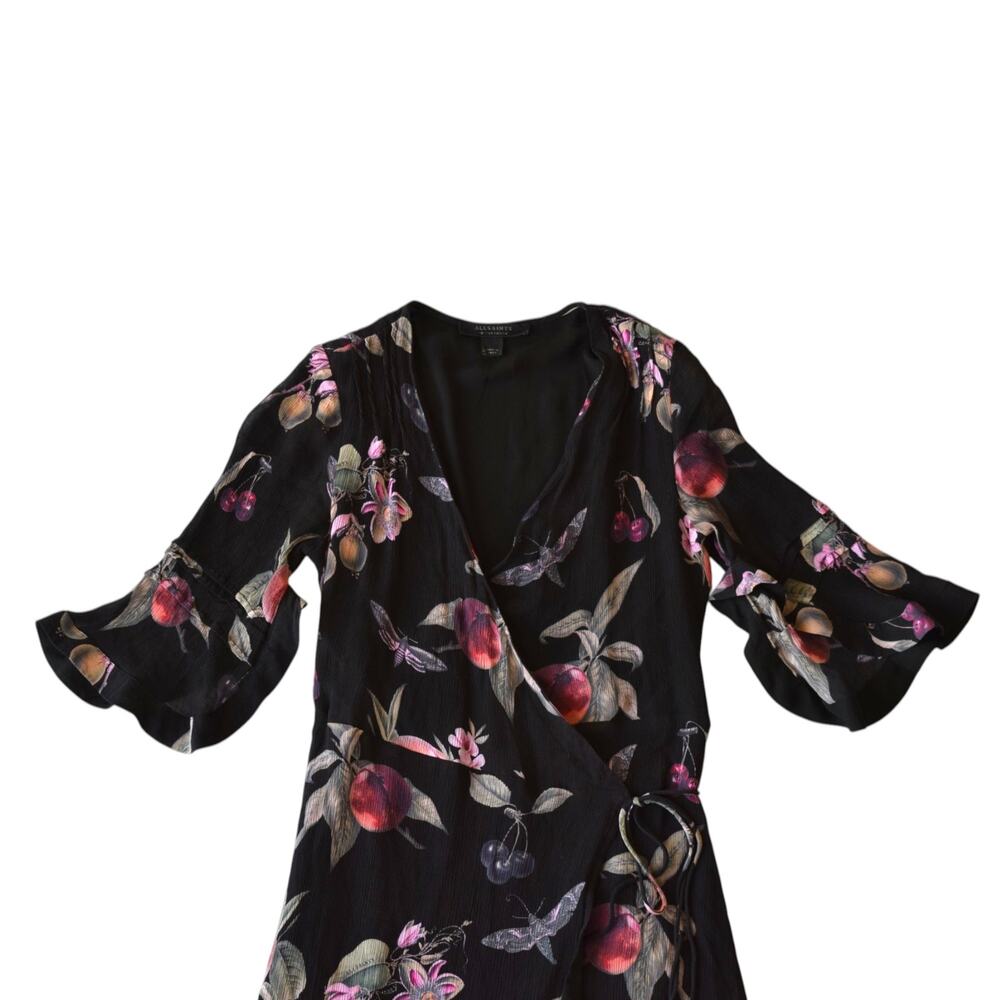 ALLSAINTS Delana Soleil Printed Maxi True Wrap Dress Size 2 Black Fruit - Picture 3 of 7